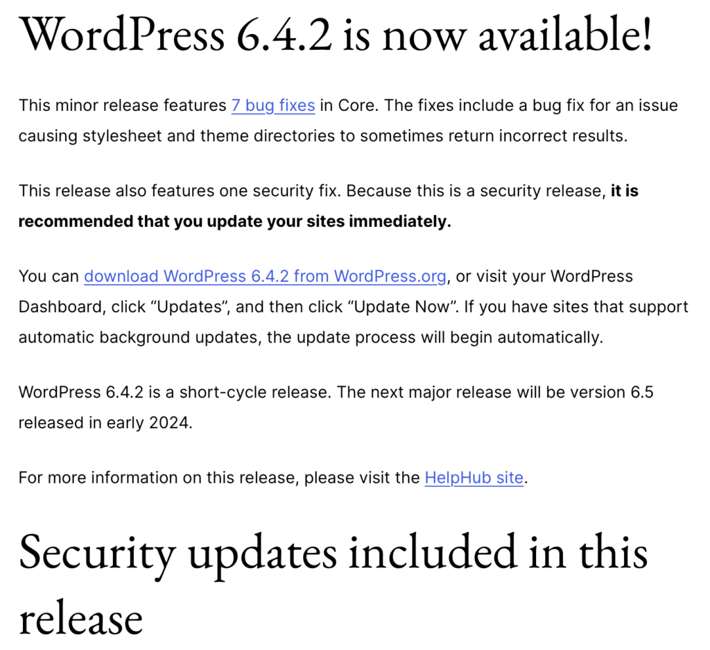 Wordpress 6.4.2 Release Screenshot